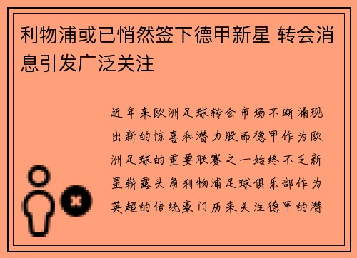 利物浦或已悄然签下德甲新星 转会消息引发广泛关注