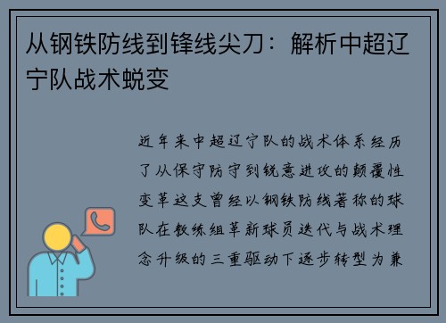 从钢铁防线到锋线尖刀：解析中超辽宁队战术蜕变