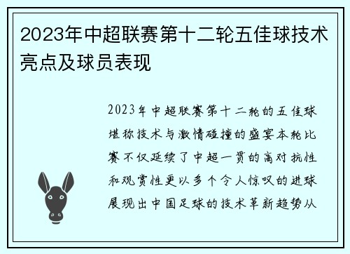 2023年中超联赛第十二轮五佳球技术亮点及球员表现